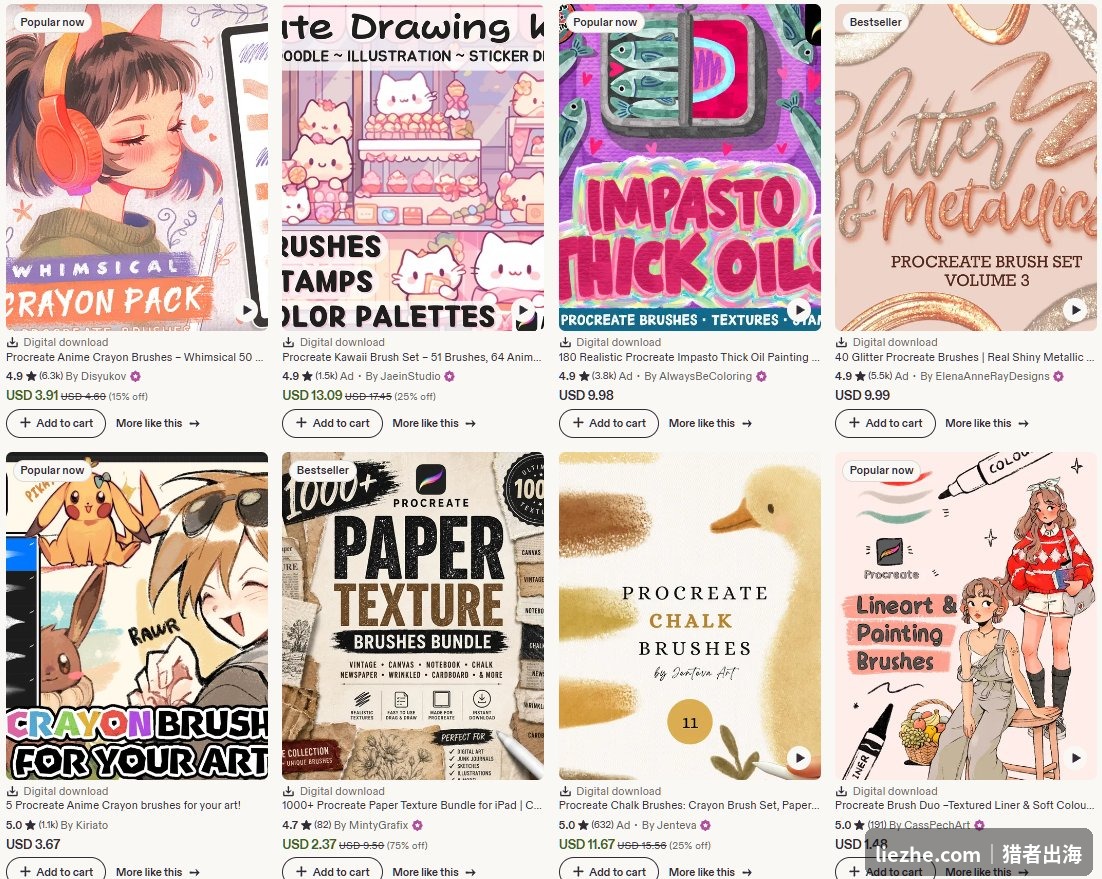 Etsy上各种Procreate笔刷产品的搜索结果