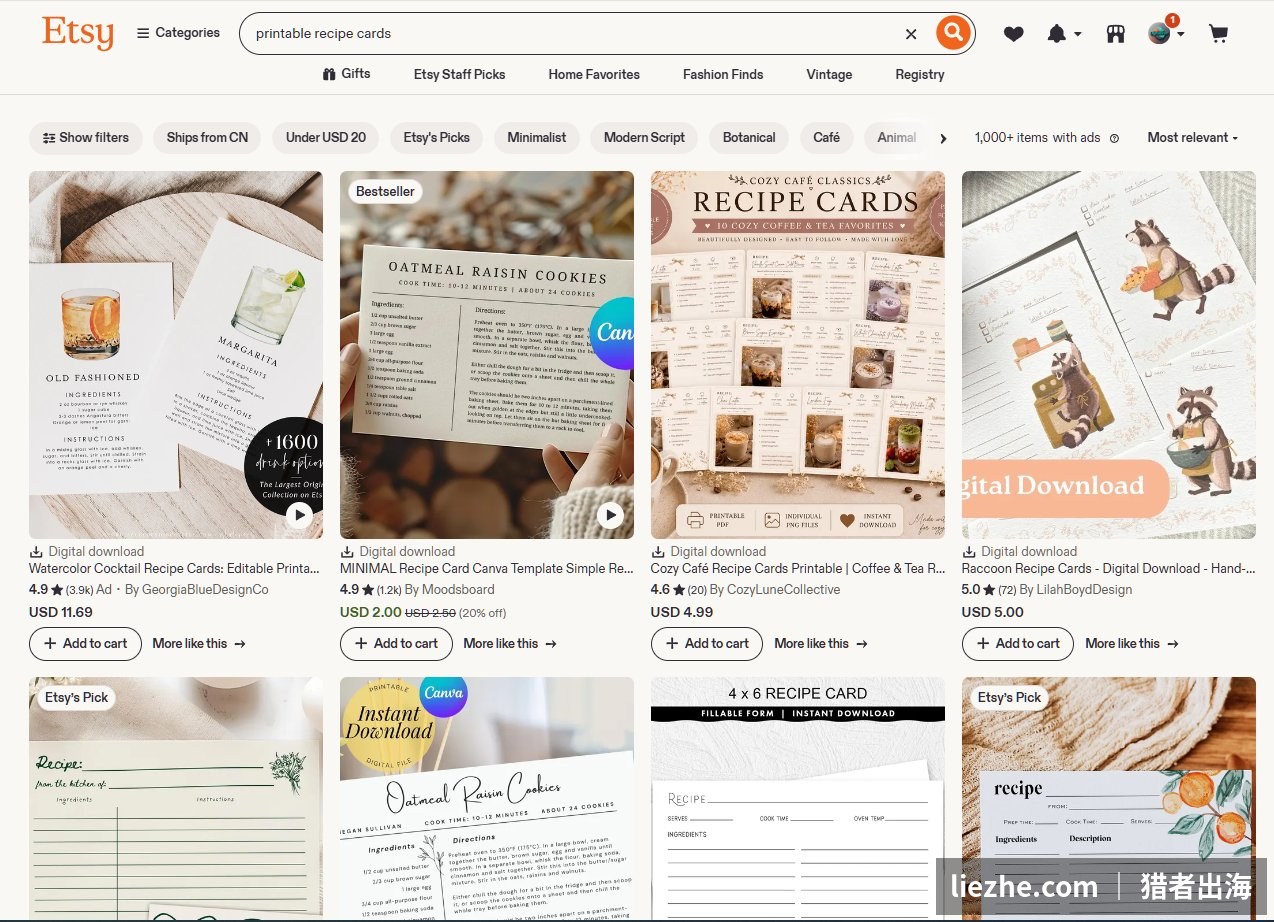 Etsy上printable recipe cards可打印食谱卡数字产品在售列表