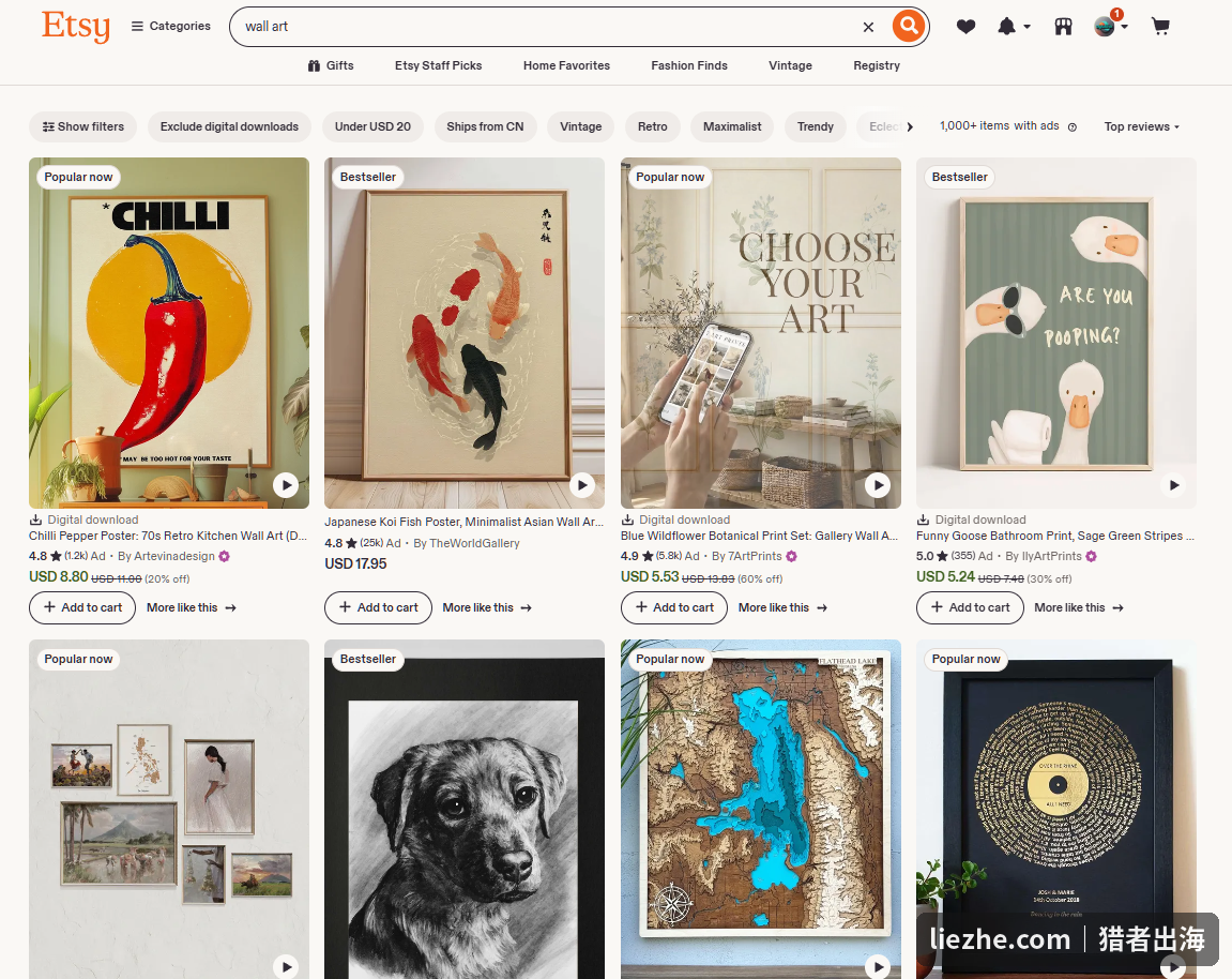 Etsy上wall art搜索结果，墙面艺术画数字下载产品的庞大市场