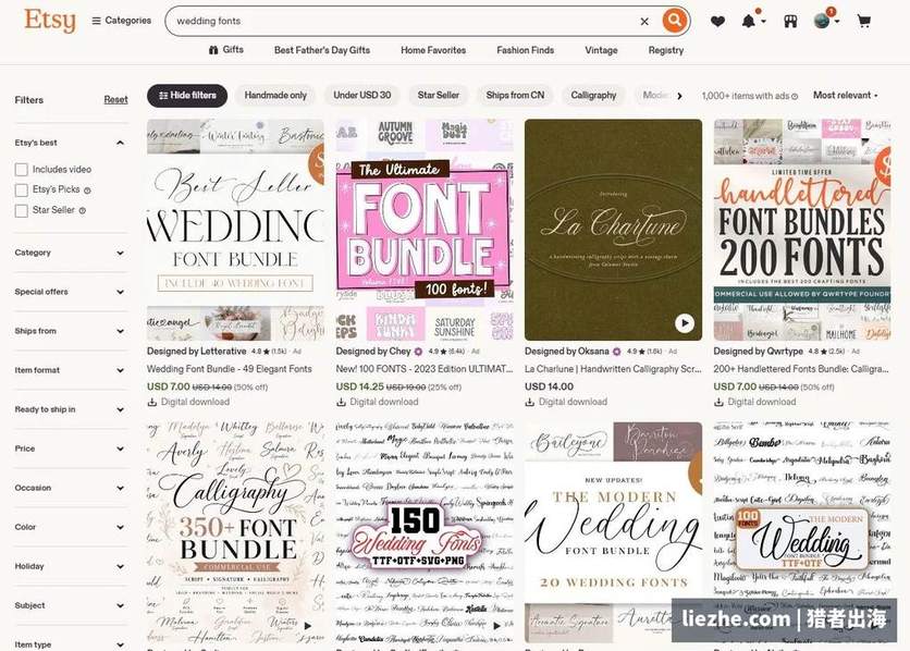 Etsy搜索wedding fonts满屏都是在售的字体包，是一个有真实成交的市场