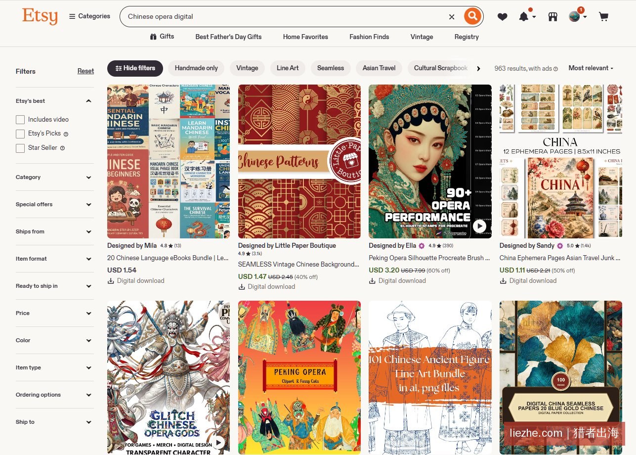 Etsy上中国戏曲数字产品近千条结果
