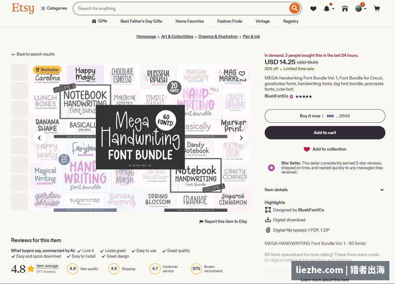 Etsy上一个60款手写字体打包卖14.25美金的字体包详情页，标着畅销和限时折扣