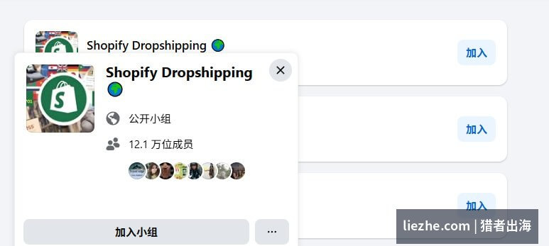 Facebook上一个12万成员的Shopify公开小组信息卡