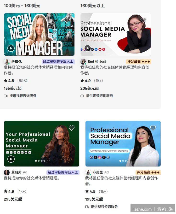 Fiverr上社交媒体经理服务的价格和评分
