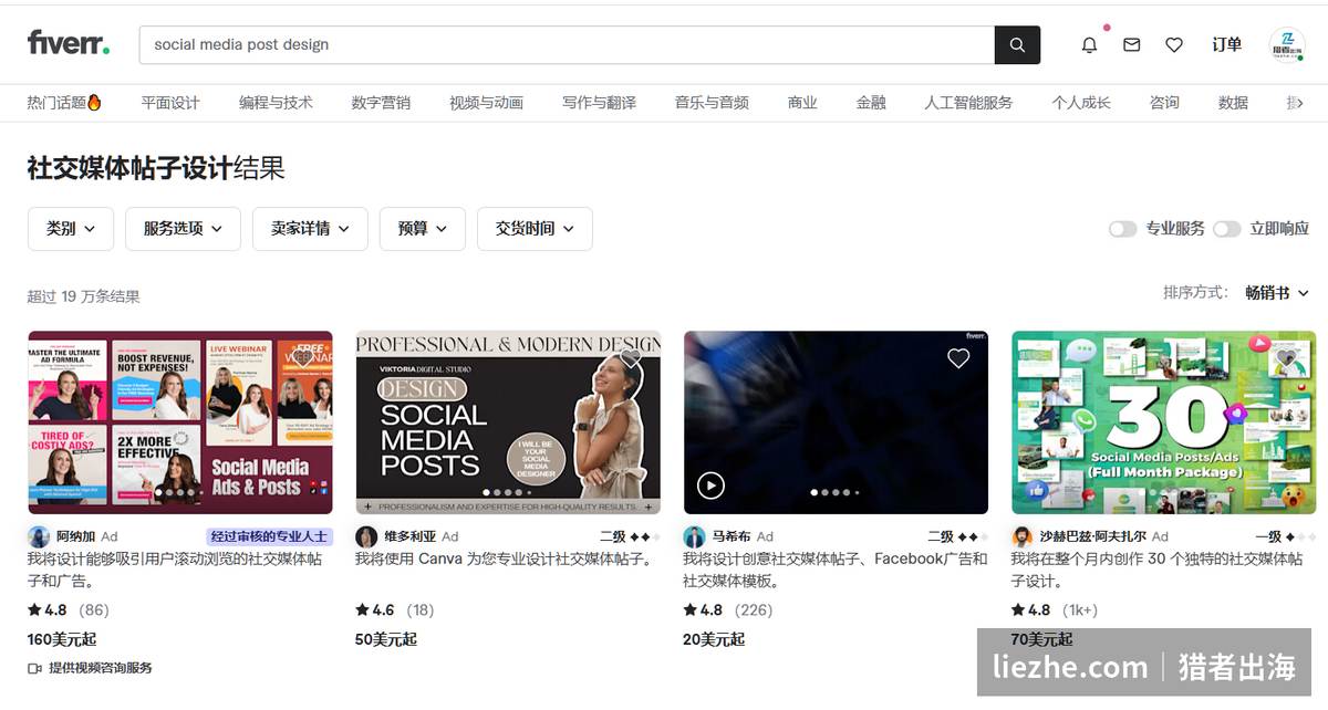 Fiverr社交媒体帖子设计服务价格20到160美金，有整月打包套餐
