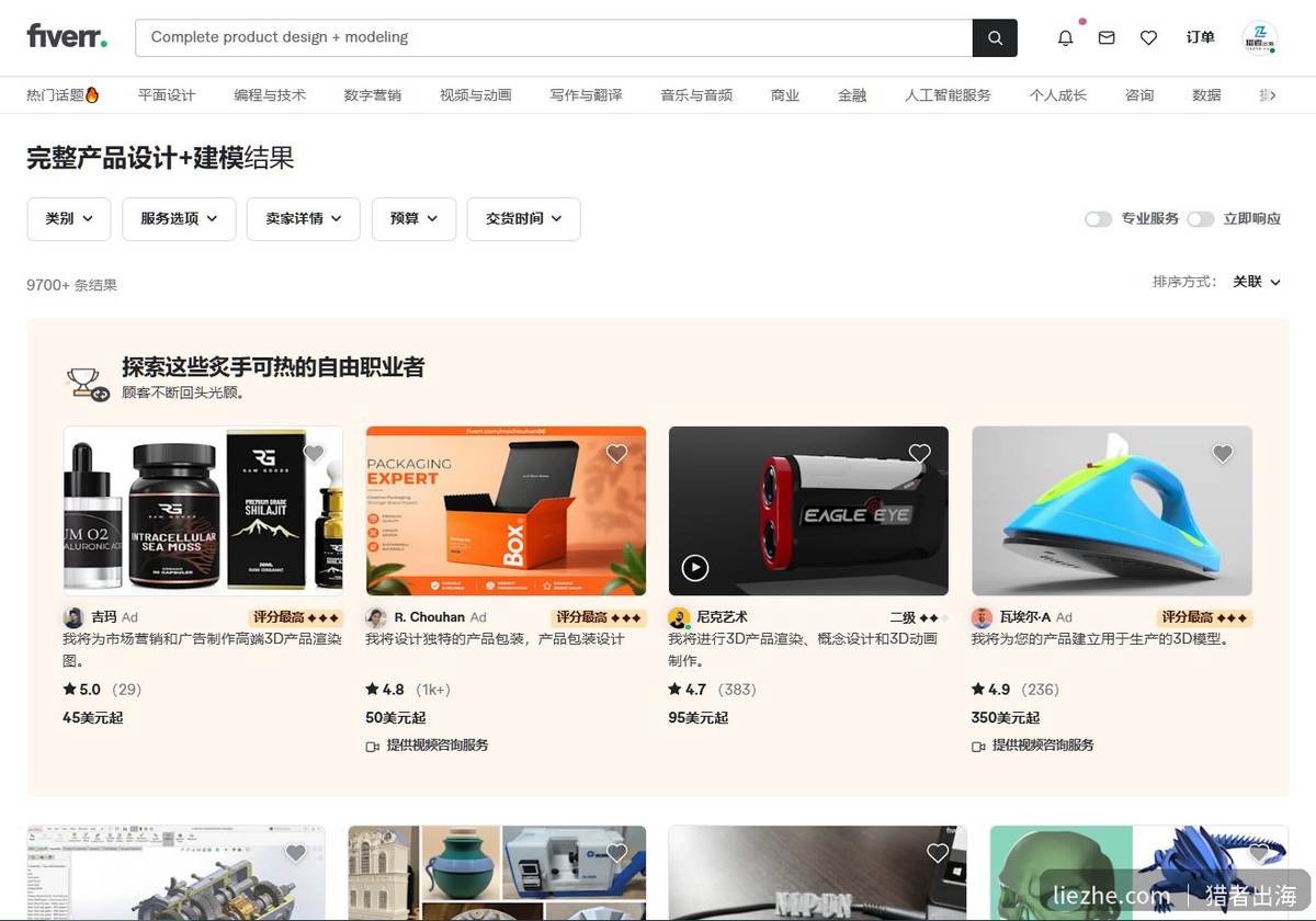 Fiverr完整产品设计加建模服务报价分布