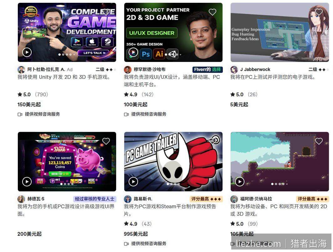 Fiverr平台游戏开发服务真实报价截图