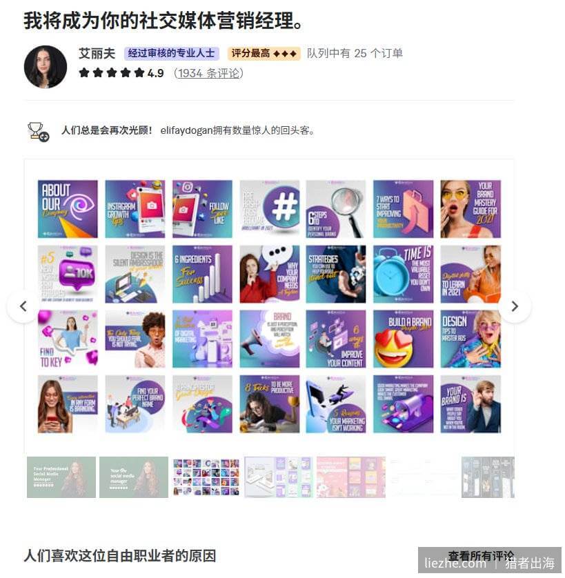 Fiverr社交媒体运营卖家主页和回头客数据