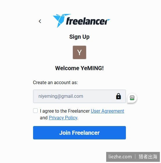 确认用邮箱创建Freelancer账号