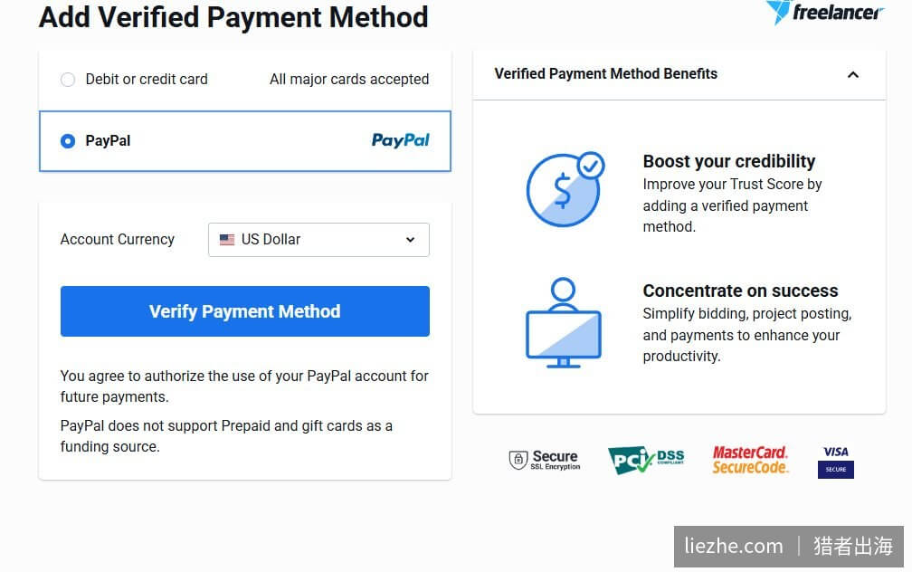 Freelancer.com添加PayPal作为验证支付方式