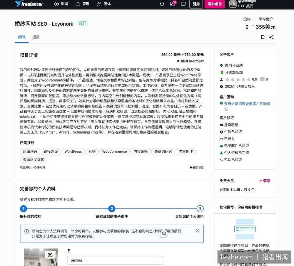 Freelancer.com项目详情页,查看需求并撰写投标书