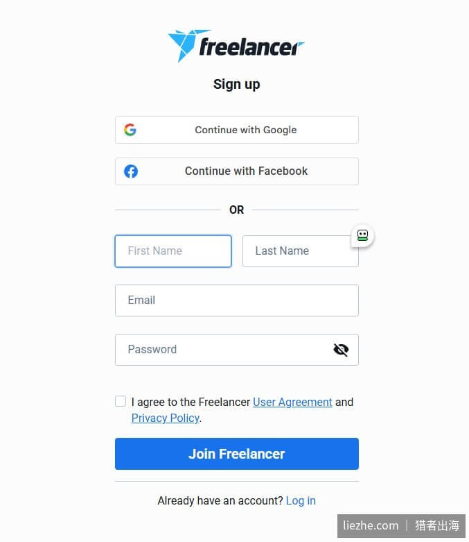 Freelancer.com注册页面,支持Google和Facebook一键注册