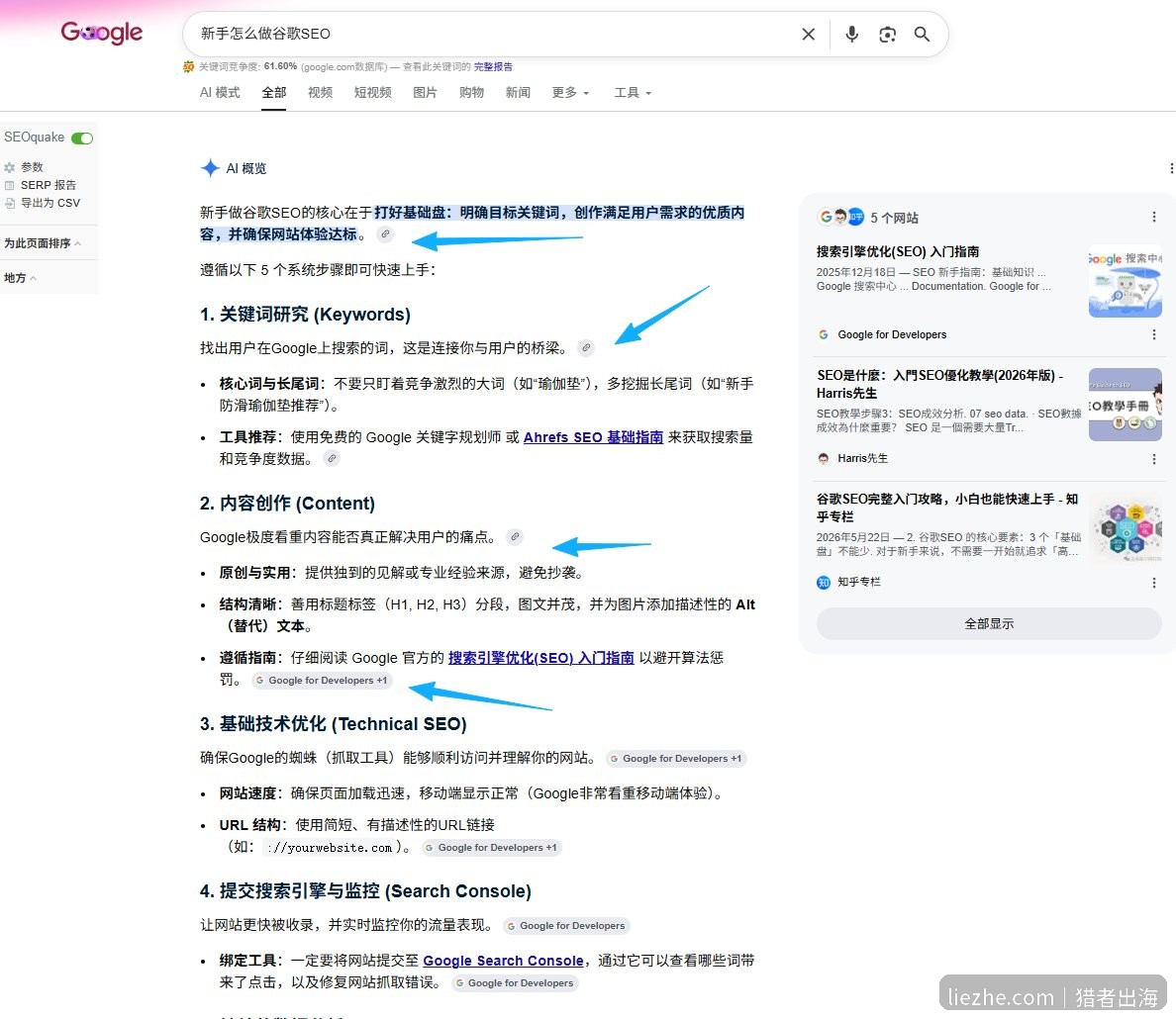 谷歌AI概览对新手怎么做谷歌SEO直接给出答案并挂引用来源