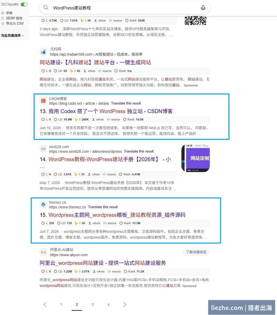Google搜索WordPress建站教程的搜索意图SERP示例