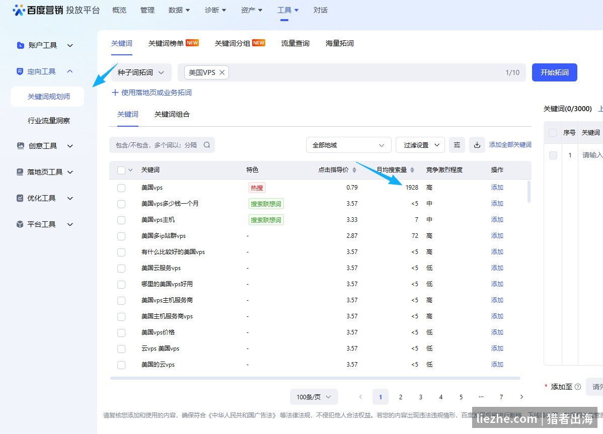 百度关键词规划师查询美国vps月均搜索量