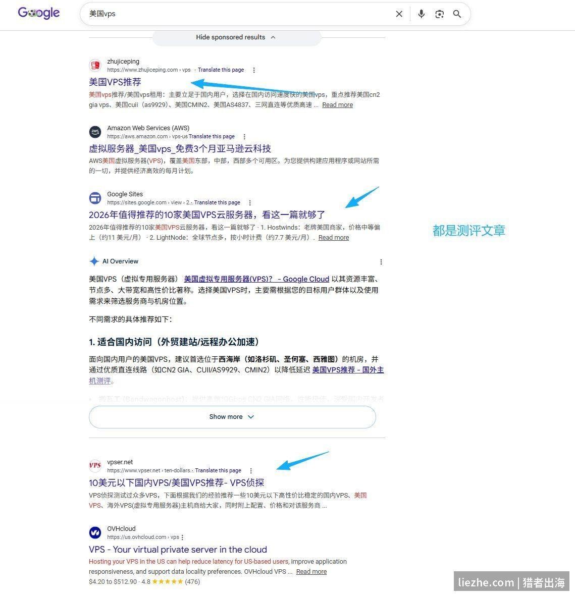 谷歌搜索美国vps的SERP结果都是测评文章判断搜索意图