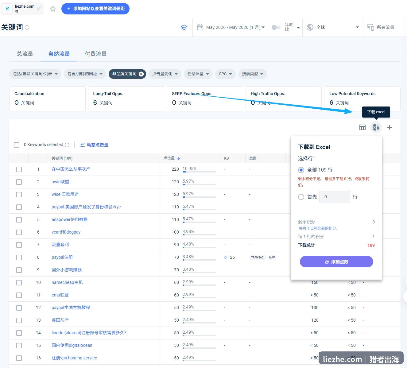 关键词缺口分析导出对手有你没有的词
