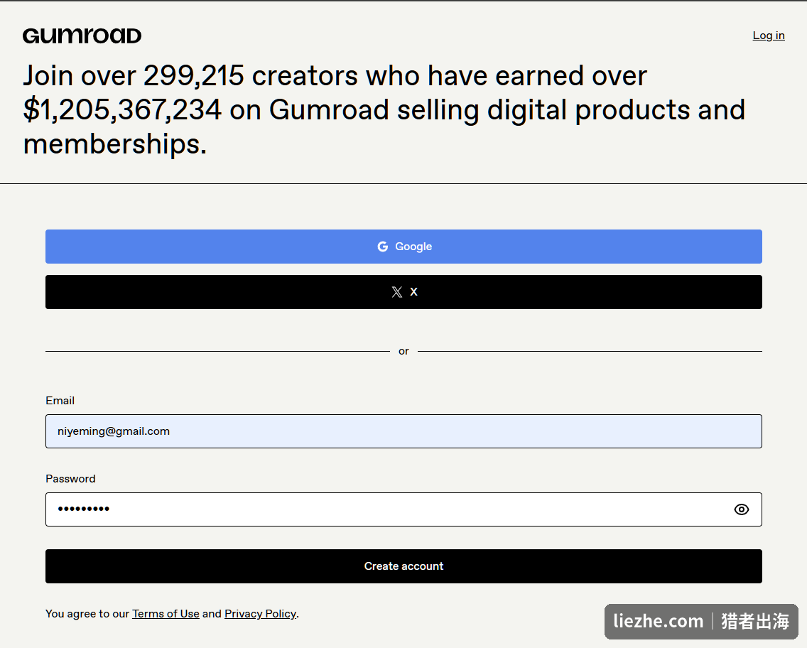 Gumroad注册页面，已有近30万创作者通过它卖数字产品赚了超12亿美元