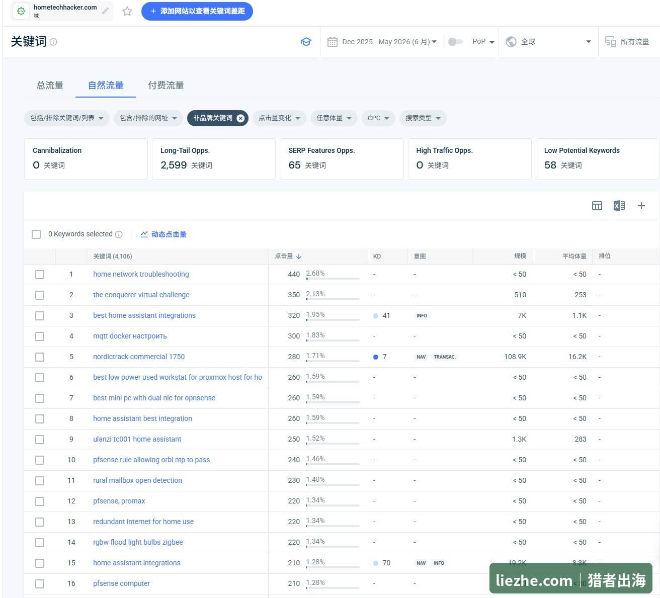 HomeTechHacker非品牌关键词与长尾词数据截图