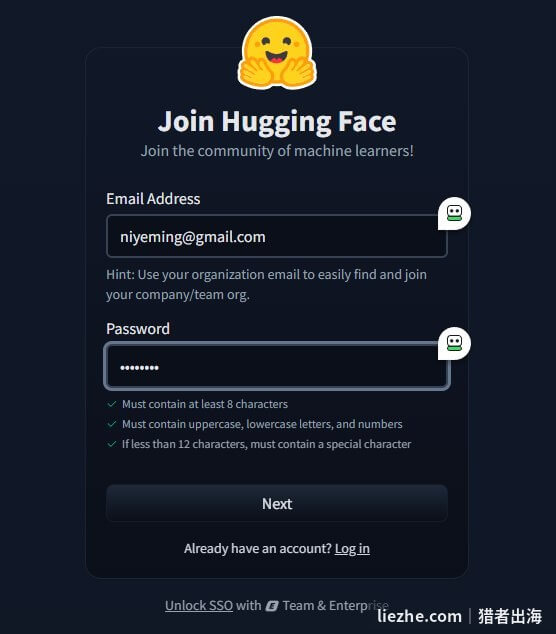 注册Huggingface账号,填写邮箱和密码