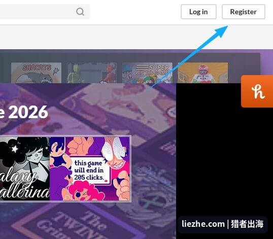 itch.io首页右上角Register注册入口