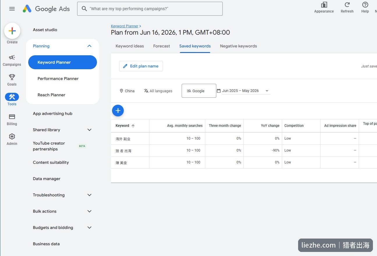 Keyword Planner已保存关键词的搜索量和竞争程度视图