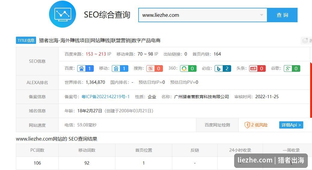 爱站网查询liezhe.com百度权重和收录数据截图