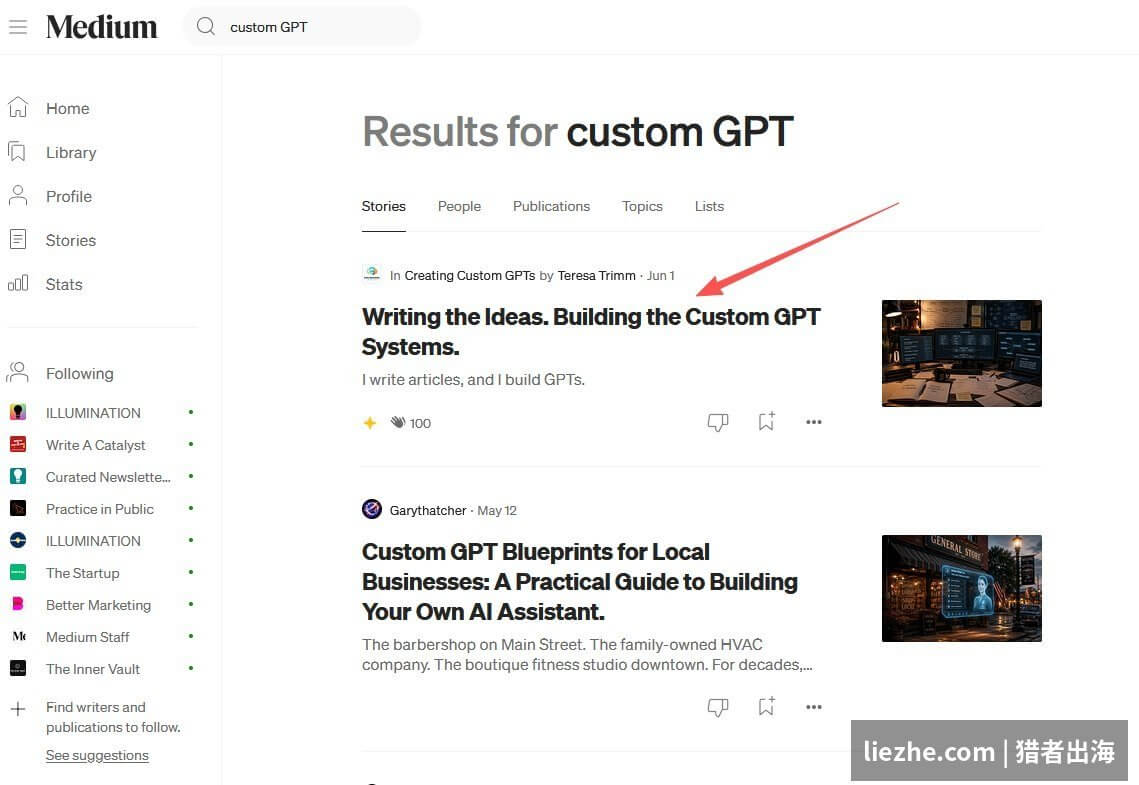 Medium上搜索custom GPT的内容结果：自建流量获客