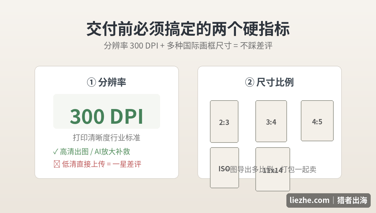 墙画交付前的两个硬指标：300DPI分辨率和多种国际画框尺寸比例