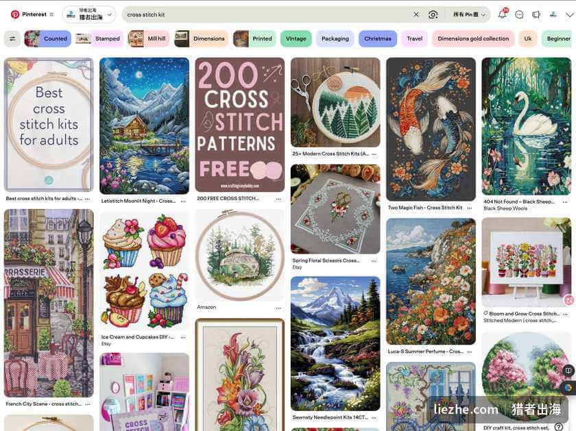 Pinterest搜索cross stitch kit的内容瀑布流,十字绣图案是平台大类目