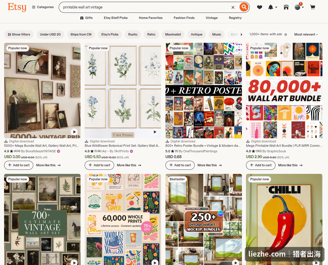 Etsy上printable wall art vintage复古风格墙画，含大量复古海报bundle