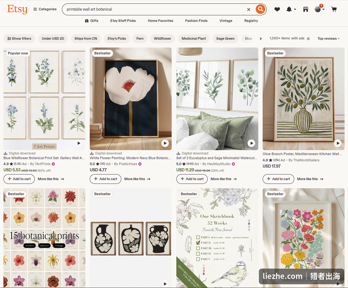 Etsy上printable wall art botanical植物风格墙画搜索结果