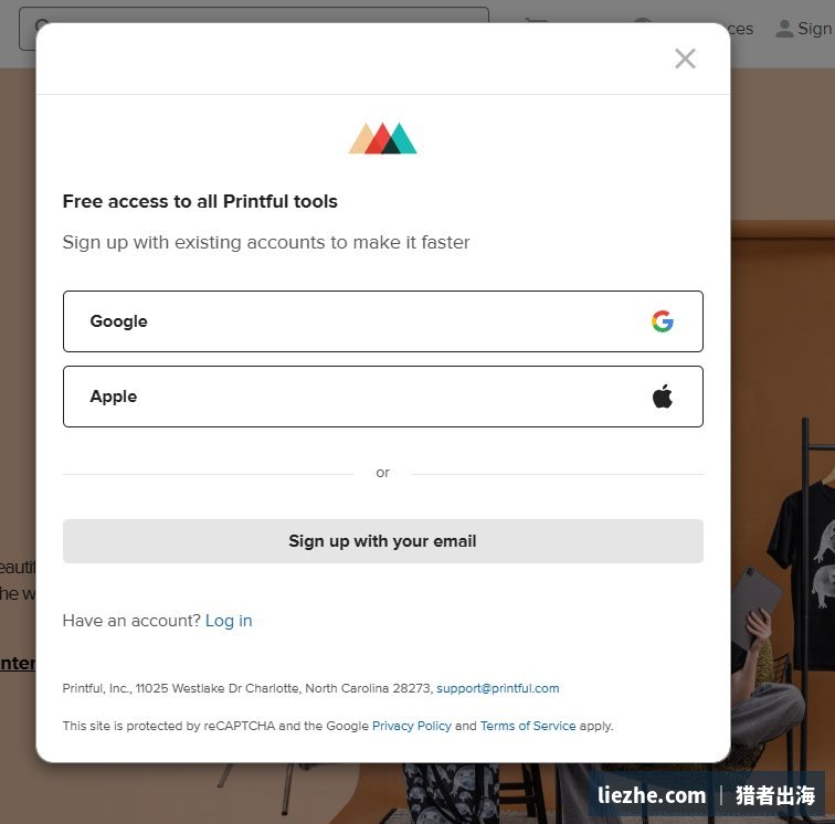 Printful注册窗口支持Google Apple邮箱三种方式