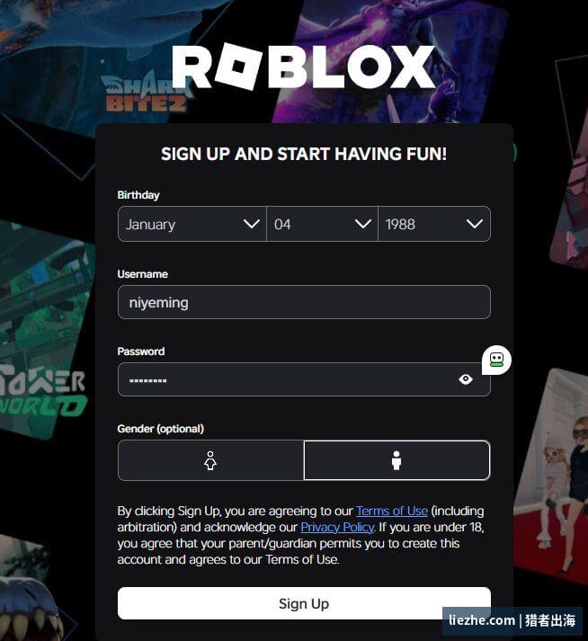 Roblox注册账号页面:填写生日用户名密码即可注册