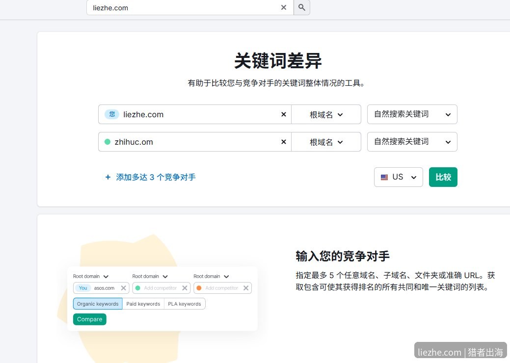 SEMrush关键词差异输入自己和竞争对手域名