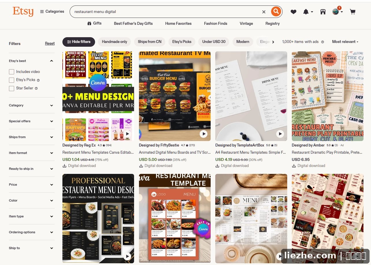 Etsy搜索restaurant menu digital结果页1000多个数字模板商品