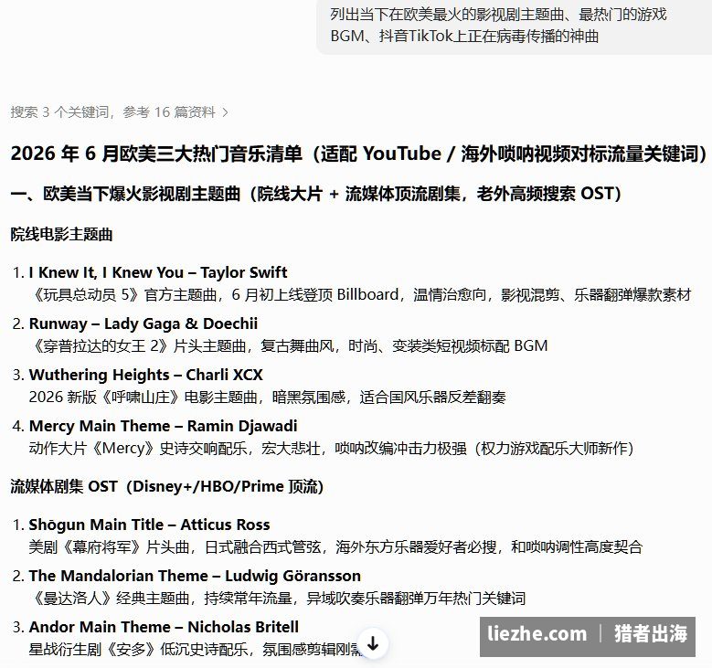用AI列出当下欧美最火的影视OST和神曲作为唢呐翻奏选题