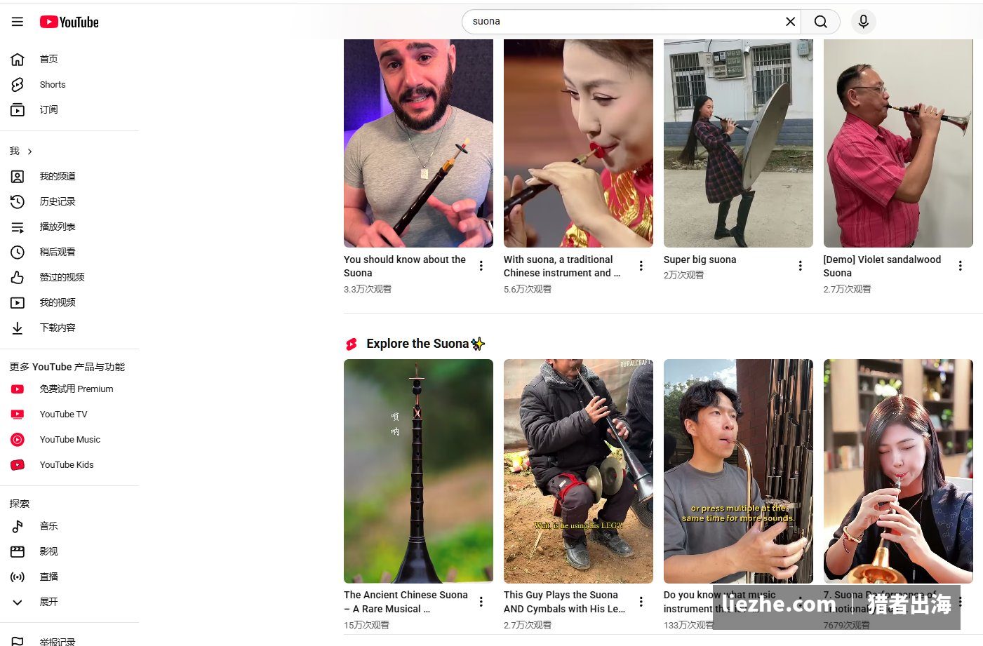 YouTube搜索suona的结果墙，海外已有大量唢呐视频和高播放量