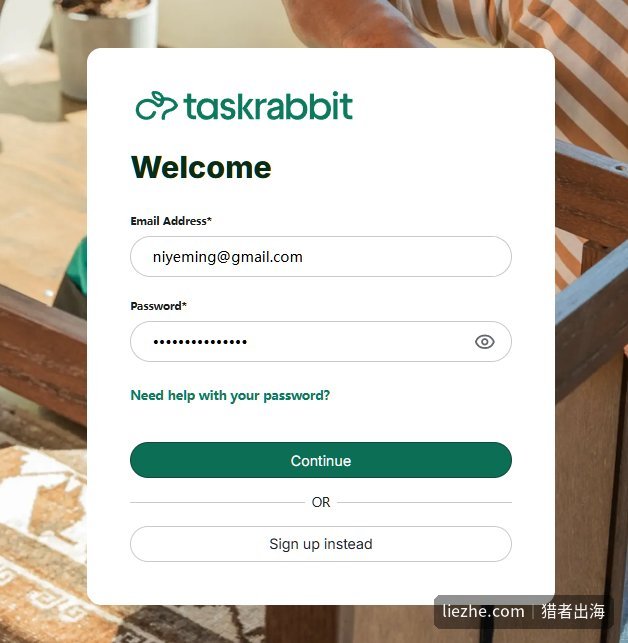 TaskRabbit登录界面,全英文输入邮箱和密码