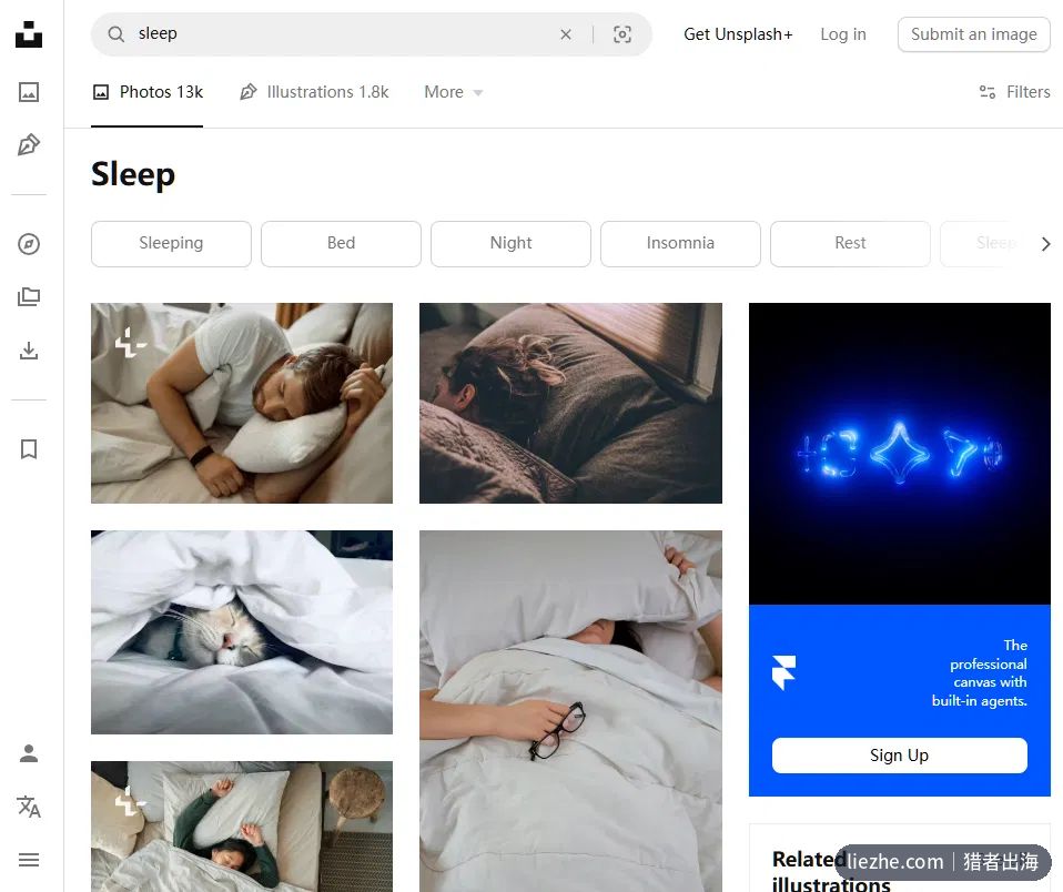 在Unsplash免费图库搜索sleep,出现大量睡眠主题的免费高清商用图片