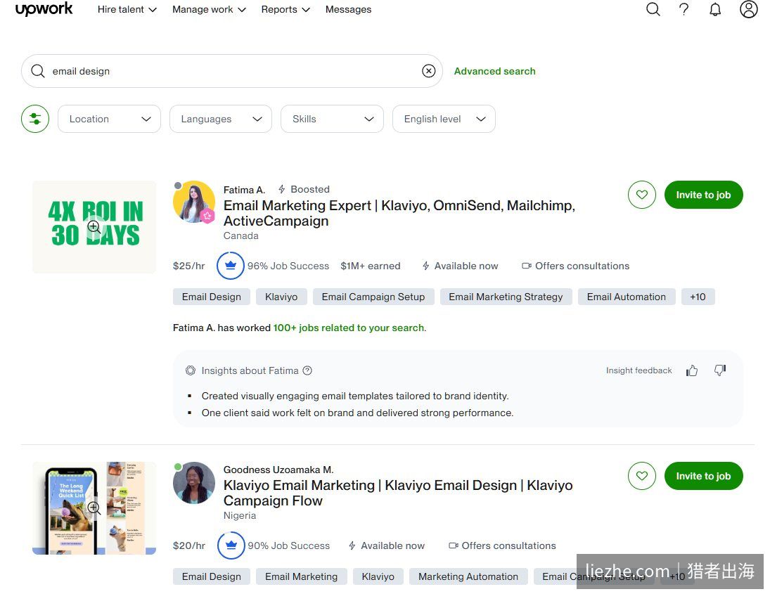 Upwork搜索email design结果，按小时20-25美金计费