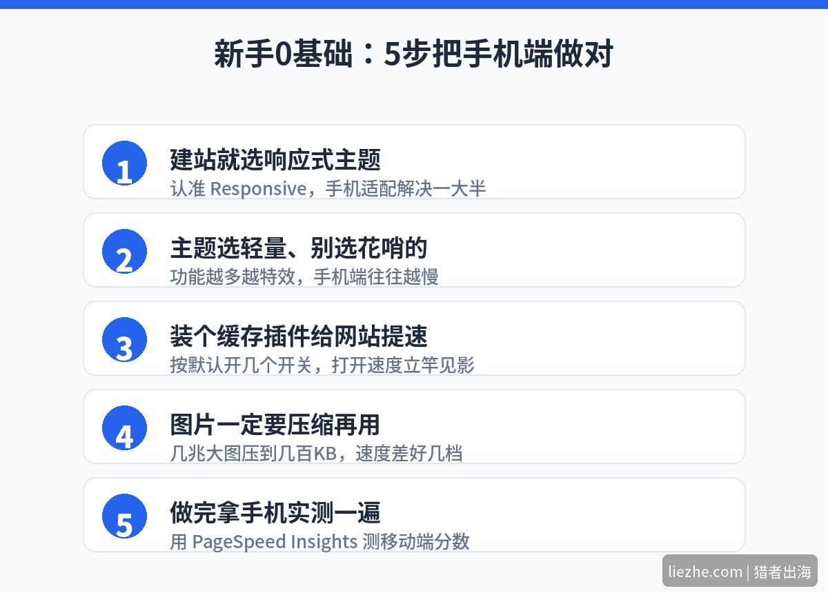 新手0基础5步把手机端做对:选响应式主题、轻量主题、缓存插件、压缩图片、手机实测