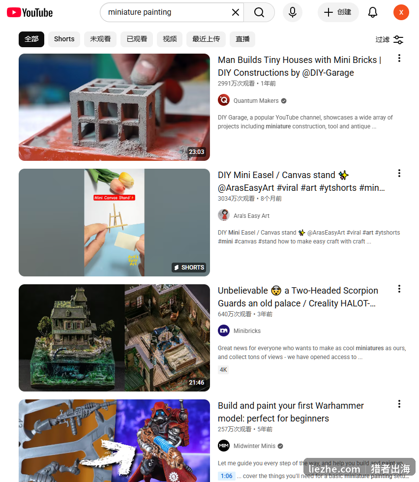 YouTube搜索miniature painting手办模型上色教程的大量视频结果