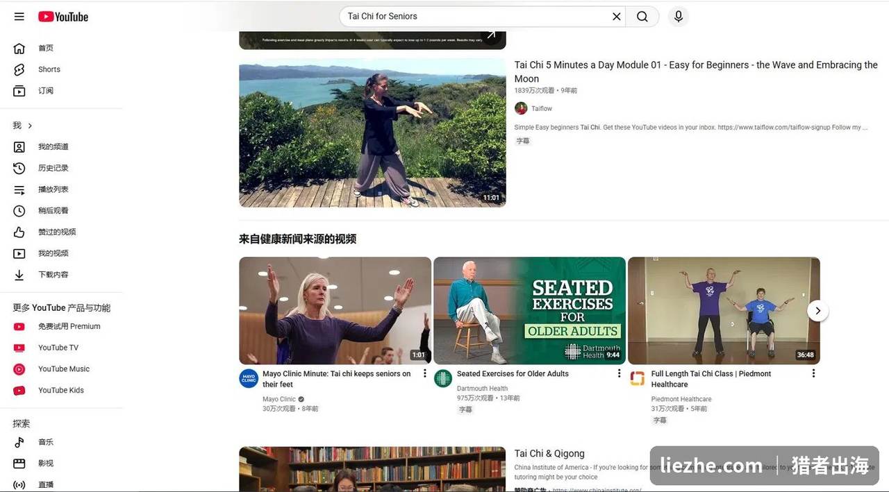 YouTube搜索Tai Chi for Seniors结果，验证细分需求与竞争