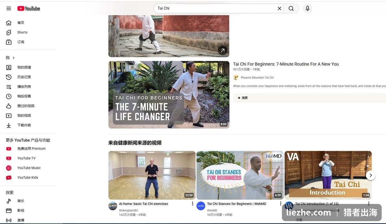 YouTube搜索Tai Chi太极教学结果，海外太极养生需求旺盛