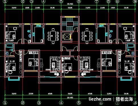 一张典型的CAD户型平面图,标注了开间尺寸和各房间的墙体门窗家具布置