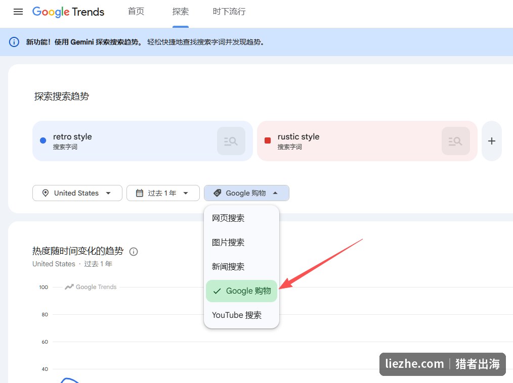 Google Trends里切换Google购物、网页搜索等数据类型