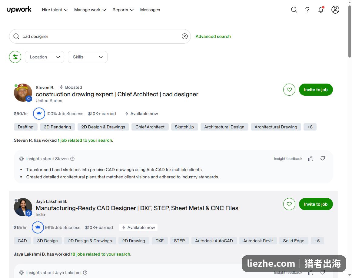 Upwork搜索cad designer的结果,绘图员时薪50美金100%好评标签含把手绘草图转CAD