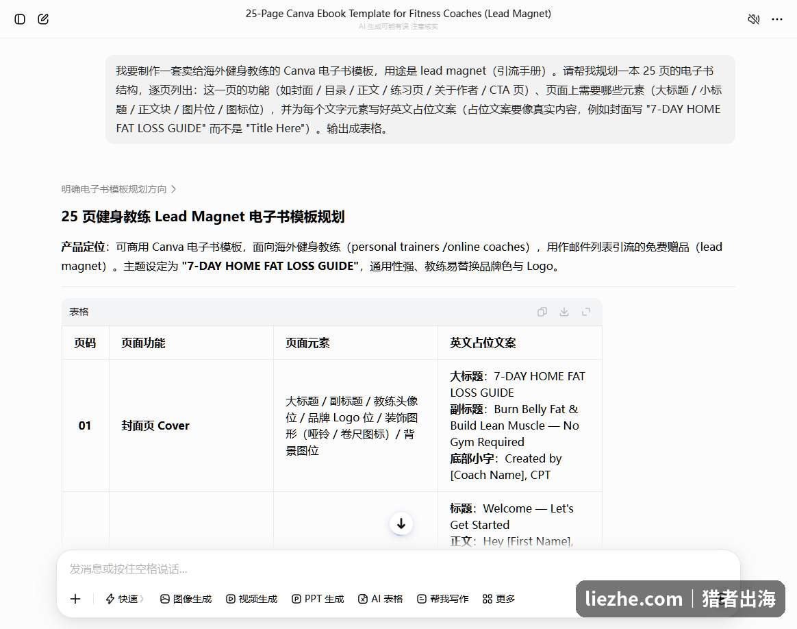 AI根据提示词生成25页健身教练电子书模板的逐页结构规划表,含页面功能、元素和英文占位文案