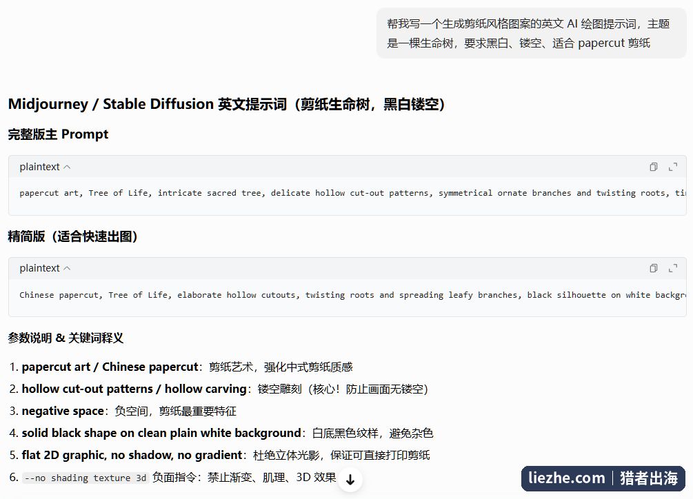 用ChatGPT生成剪纸风格AI绘图英文提示词
